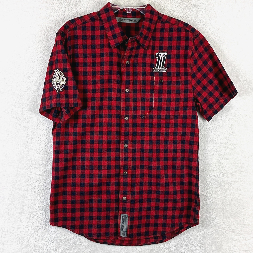 Harley-Davidson Camp Shirt Men M Red Plaid Embroidered Patch Graphic Print Slim